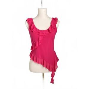 Hot Pink Ruffle Asymmetrical Tank – Y2K Feminine – Flowy Hem
